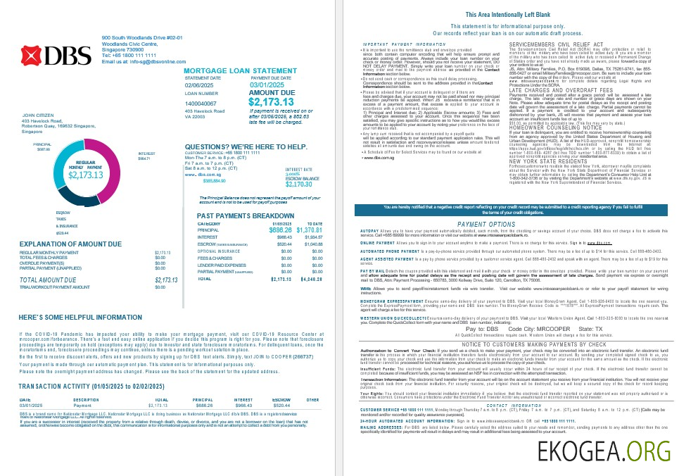 Relevé d'hypothèque bancaire de la banque DBS de Singapour aux formats Word et PDF 1 , 2